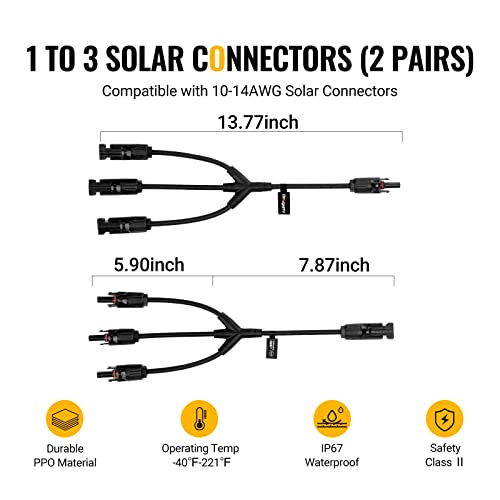 BougeRV Solar Y Branch Connectors Solar Panel Parallel Connectors 1 to 3 Solar Cable Wire Plug Tool Kit (2 Pairs M/FFF and F/MMM) - size: 2 Pairs/M/FFF and F/MMM