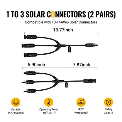 BougeRV Solar Y Branch Connectors Solar Panel Parallel Connectors 1 to 3 Solar Cable Wire Plug Tool Kit (2 Pairs M/FFF and F/MMM) - size: 2 Pairs/M/FFF and F/MMM