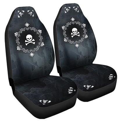 Bulopur Cute Black Gray Skull Set of 2 Car Seat Covers Universal Auto Front Seats Protector Fits for Car,SUV Sedan,Truck - color: Black Gray Skull Floral
