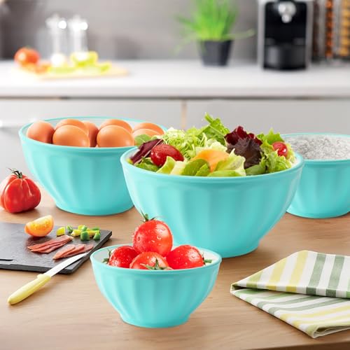 Plastic Mixing Bowls,Serving Bowls with Lids Set,4 Bowls 4 Lid 1Egg Whisk for Kitchen Mixing,Storage Food,Refrigerator, Dishwasher, Microwave safe,Blue - color: Blue