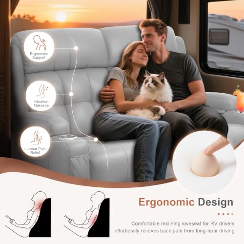 RV Loveseat Recliner Sofa, Reclining Loveseats Couch for RV Furniture, Home Theater Seating with Massage, USB, Insert Pockets, Cup Holders, 150° Wall Hugger RV Recliners Sleeper Sofa - color: Light Gray, size: Loveseat-G1