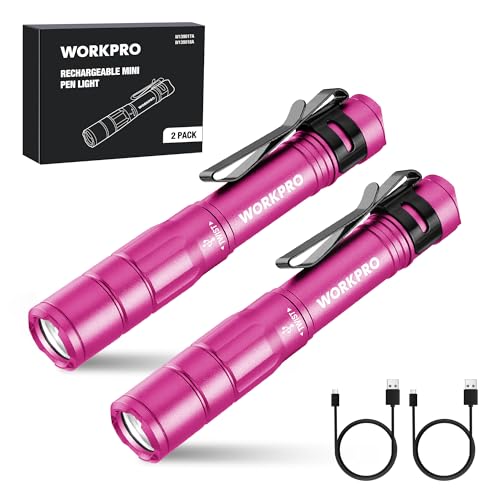 WORKPRO Rechargeable Pen Light, Mini Flashlight, 2 Pack Ultra-Compact EDC Flashlight, Pocket Flashlight with Clip, Memory Function and 2 x USB C Cable Included, Pink - color: Pink