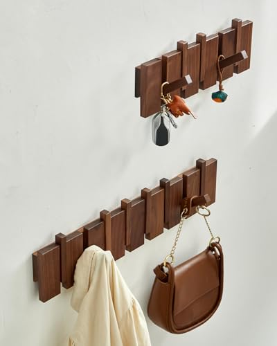 Wood Coat Rack Wall Mount - Large Walnut Piano Coat Rack wtih 5 Hooks for Hanging Clothes,Keys,Robes,Purse,Towels,Modern Decorative Wall hooks Heavy Duty Hanger Organizer for Bathroom/Bedroom/Entryway - size: 5 Hooks