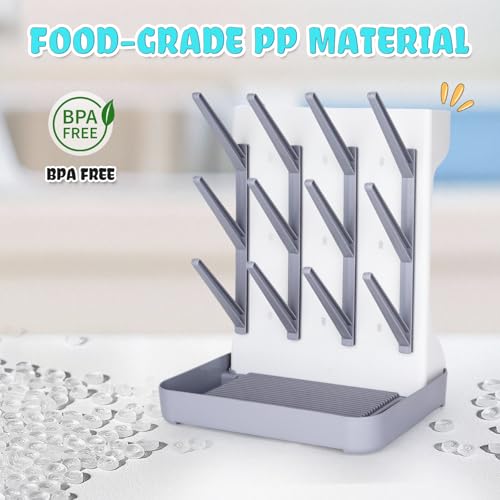 Baby Bottle Drying Rack: Space Saving Vertical Bottle Drying Holder with Brushes Holder - Large Bottle Storage Holder Organizer 12 Bottles & Baby Accessories,BPA-Free, Gray - color: Gray