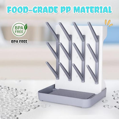 Baby Bottle Drying Rack: Space Saving Vertical Bottle Drying Holder with Brushes Holder - Large Bottle Storage Holder Organizer 12 Bottles & Baby Accessories,BPA-Free, Gray - color: Gray
