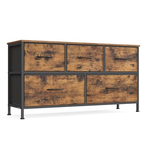 SONGMICS BELLAH Collection - Dresser for Bedroom, Chest of Drawers, Storage Organizer Unit, Closet, Entryway, Steel, 5 Drawers, Industrial, Rustic Brown and Ink Black ULGS322B02S - color: Rustic Brown + Ink Black, size: 11.8"D x 38.9"W x 20.6"H (5 Drawers
