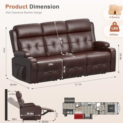 RV Loveseat Recliner Sofa, 3 Seat Wall Hugger Massage Reclining RV Couch with USB, Insert Pockets, Cup Holders, 150° RV Recliners Sleeper Sofa for RV Furniture & Home Theater Seating - color: Brown, size: 3 Seat-G1
