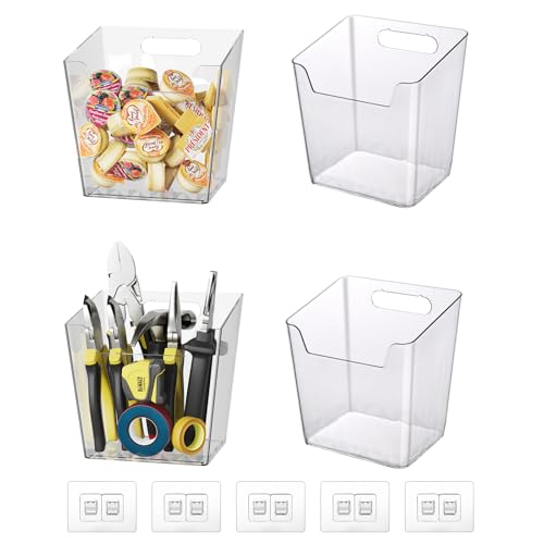 Clear Adhesive Wall Storage Bins, 4 Pack Cabinet Door Organizer Holders, Hanging Wall Mount Pockets, Plastic Cups for Shower Bathroom Makeup Office Craft Remote Kitchen Sink RV Organization (Large) - size: Large