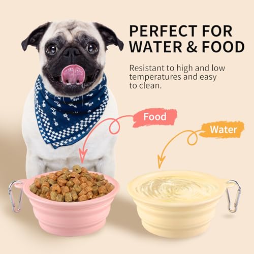 Collapsible Dog Bowls 2-Pack, Portable Travel Dog Bowl with Carabiner, Food-Grade Silicone Pet Bowl for Hiking, Walking (Macaron Pink and Yellow) - color: 12 OZ Macaron Pink and Yellow