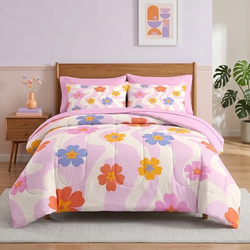 Pamnest Comforter Set Full Size, Retro Daisy Pink 7 Pcs Bedding for Kids and Adults, Hippie Aesthetic Kids Bed Sheet Sets with Fitted Sheet 2 Pillowcases & 2 Shams for Bedroom Bed Decor - color: Colorful Daisy, size: Full