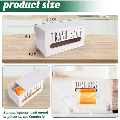 Trash Bag Dispenser, Wall Mount Trash Bags Holder Dispenser with Lid Wooden Kitchen Trash Bag Roll Organizer Plastic Garbage Bag Storage for Cabinet. (White) - color: White