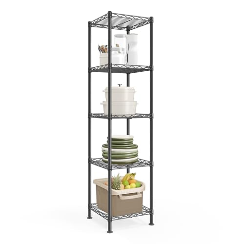 SONGMICS Storage Shelf, Small Metal Wire Shelving Unit, Adjustable Shelves, for Small Spaces, Garage, Bedroom, Living Room, Kitchen, Pantry, 5 Tier, 11.8 x 11.8 x 47.6 Inches, Ink Black ULGR123BH01 - color: Ink Black, size: 5 Tiers (11.8"D x 11.8"W), styl