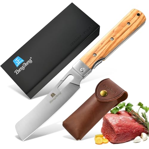 ZhengSheng Folding Chef Knife with Leather Pouch 4.8” Sharp 440A Stainless Steel Blade Olive Handle Pocket Foldable Japanese Style Kitchen Knife for Outdoor Camping BBQ trip Cooking. - color: #3 Natural Olive Handle - Leather Pouch
