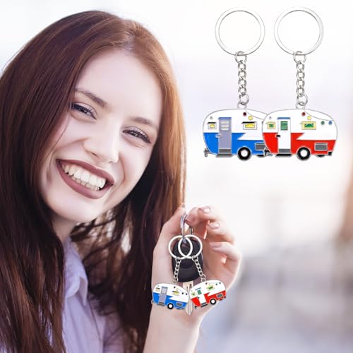 Thinp 2 Pieces Camper Keychain, RV Camper Keyring Accessories for Travel Trailers Enameled Metal Retro Camping Car Keychain - color: Blue+red