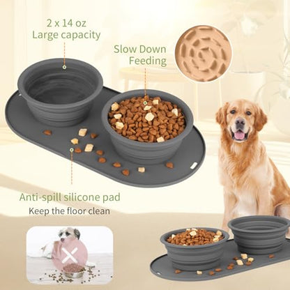 Puppy Dog Bowl,Travel Bowls Dog Food Bowls&Dog Water Bowls,No Spills,Collapsible Double Bowl,Suitable for Small and Medium Sized Dogs(Dark Grey) - color: Dark grey