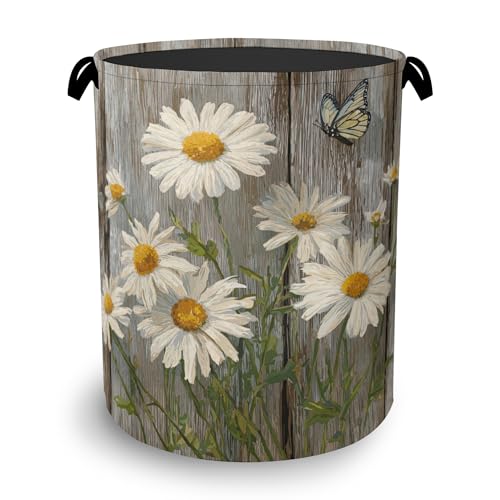 Vintage Daisy Laundry Basket,Wooden Butterfly Oxford Cloth Laundry Hamper with Handle Foldable Portable Clothes Storage Basket for Bathroom Bedroom Dorm Room 16" x 20.8" - color: Vintage Daisy Wooden Butterfly