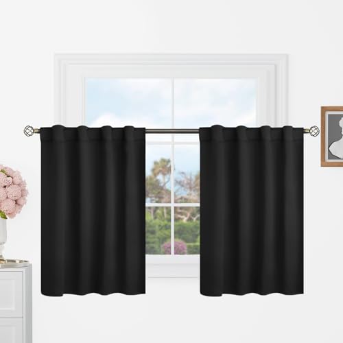 BGment Short Black Kitchen Window Curtains Over Sink - 36 Inch Length Small Window Curtains Rod Pocket and Back Tab Thermal Insulated Drapes for Cafe/RV Camper/Bathroom, 2 Panels, 34 x 36 inch - color: Black, size: 34"W x 36"L (Pack of 2)