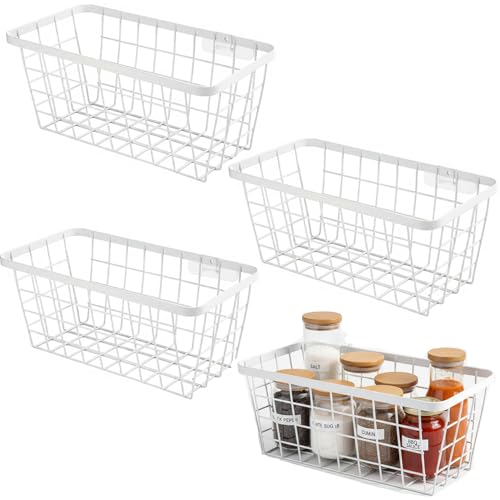 LeleCAT White Hanging Kitchen Baskets For Storage Adhesive Sturdy Small Wire Storage Baskets No Drilling Wall Mounted Kitchen Food Pantry Bathroom Shelf Storage, 4 PACK,White - color: White-New, size: 4 PACK