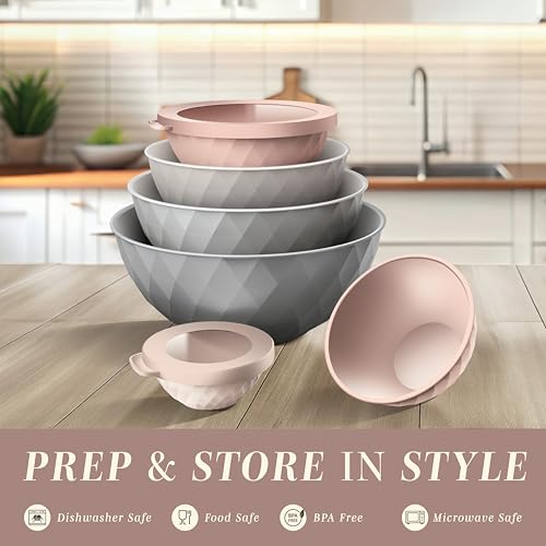 COOK WITH COLOR Mixing Bowls with Lids - 12 Piece Plastic Nesting Bowls Set includes 6 Prep Bowls and 6 Lids, Microwave Safe Mixing Bowl Set, Grey/Pink Diamond - color: Grey/Pink Diamond