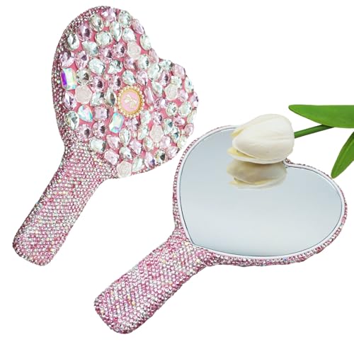 Large Rhinestone Handheld Mirror Heart Bling Glitter Cosmetic Dazzling Portable Hand Mirrors with Handle for Women Wedding Silver White (Large-Pink) - color: Large-pink