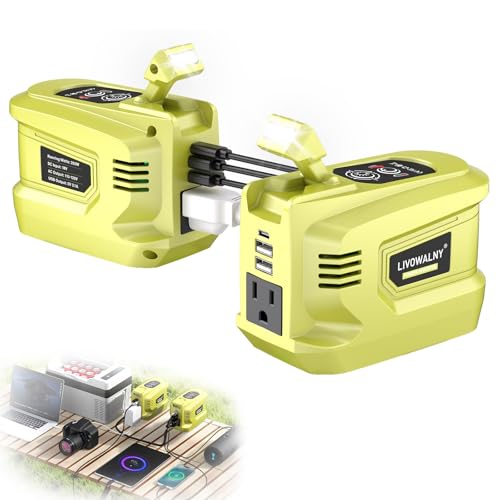 LIVOWALNY 200W Power Inverter Compatible with Ryobi 18V Battery, DC 18V to AC 110-120V Power Station with 1 AC Outlet, 2 USB, 1 Type-C & LED Light, for Camping Power Outage (No Battery) (2-Pack) - color: Green, size: 2-PACK