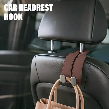 2026 New Car Seat Headrest Hooks for Purses and Bags - Support Car Headrest Hooks for Purses and Bags Coat, Leather Car Bag Purse Holder with Double Hooks (Brown-2PC) - color: Brown-2PC