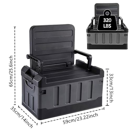 Versatile Foldable Seatable Camping Box Car Organizer Heavy Duty Storage Bins With Lids Box Trunk,Durable Plastic,60L Can Store Clothes, Camping Equipment in Large Capacit (black)