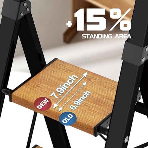 5 Step Ladder, Lightweight Folding Step Stool with Anti-Slip Aluminum Wide Pedal& Convenient Handgrip, 330lbs Capacity Steel Ladder for Household and Office (Black&Woodgrain) - color: Black&woodgrain, size: 5 Step