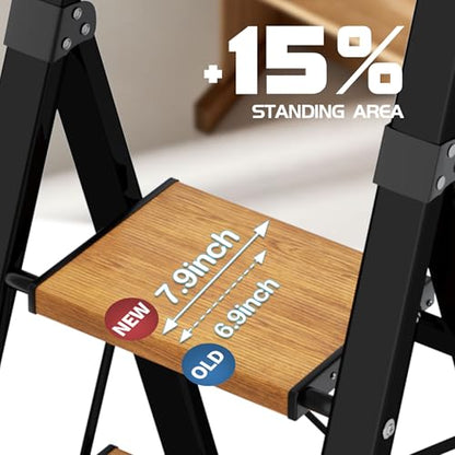 5 Step Ladder, Lightweight Folding Step Stool with Anti-Slip Aluminum Wide Pedal& Convenient Handgrip, 330lbs Capacity Steel Ladder for Household and Office (Black&Woodgrain) - color: Black&woodgrain, size: 5 Step