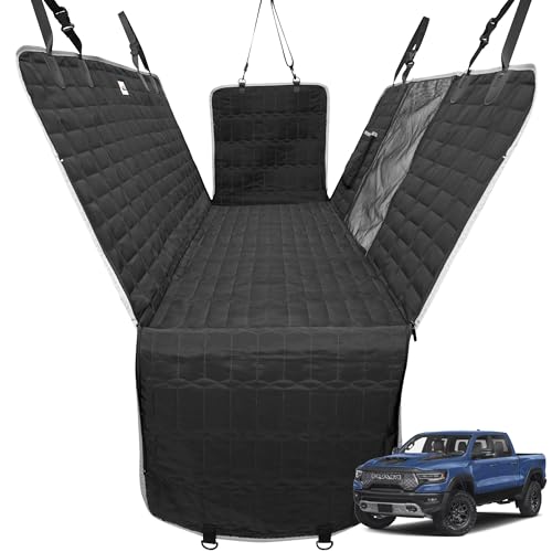Reliadura Dog Car Seat Cover for Trucks, Waterproof Back Seat Hammock with Mesh Window and Side Flaps, Rear Protector for Ford F150 Ram 1500 Silverado Sierra - color: Hammock-Black&Gray, size: Truck Bench-61"W