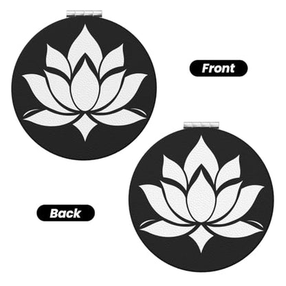 Lotus Flower Print Foldable Travel Pocket Mirror Round PU Leather Portable Mini Makeup Double Sided Handheld Magnifying,2.6 in - color: Lotus Flower