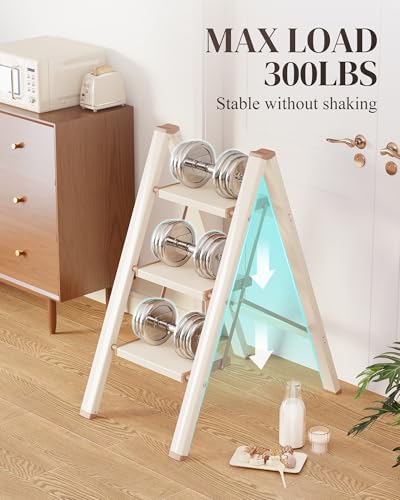 3 Step Ladder, Folding Step Stool with Wider Pedal, Anti-Slip Feet & Non Slip Stripes, Aluminum Sturdy Material, 300Lbs Capacity, Elegant Look of Cream Chocolate Better Matches Your Home - color: Cream Chocolate, size: 3 Step
