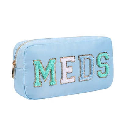 Chenille Letter Patch Nylon Medicine Packages,Cute MEDS Travel Makeup Bag with Metal Zipper, First Aid Purse Organizer Cosmetic Bag for Women and Girls(02Light Blue) - color: 02Light Blue