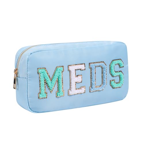 Chenille Letter Patch Nylon Medicine Packages,Cute MEDS Travel Makeup Bag with Metal Zipper, First Aid Purse Organizer Cosmetic Bag for Women and Girls(02Light Blue) - color: 02Light Blue