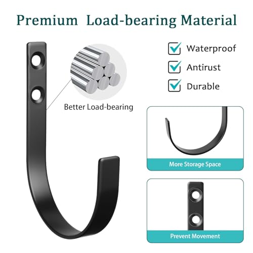 6 Pack Wall Hooks for Hanging, Heavy Duty Metal j Hooks Wall Mounted, No Rust Black Metal Coat Hooks for Living Room, Bathroom, Kitchen, Bedroom, Entryway for Coat, Bag, Hat, Towel, Key, Cup(Black)