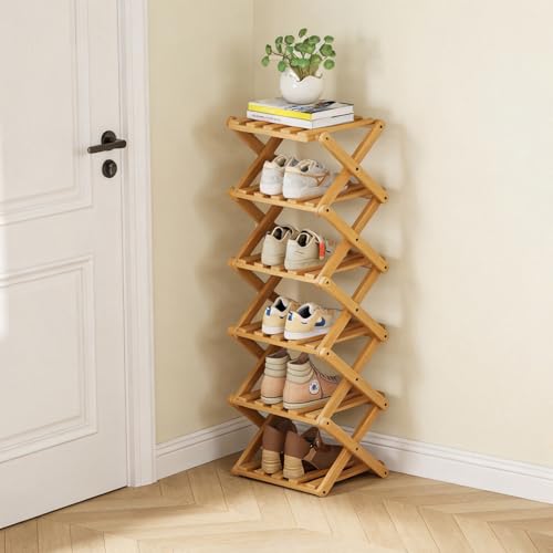 Vertical Narrow Shoe Rack, 6 Tier Portable Folding Shoe Storage Rack, Without Installation Free Standing Shoe Rack for Corridors, Bedrooms Living Room Corner and Small Spaces (6 Tier) - size: 6 Tier