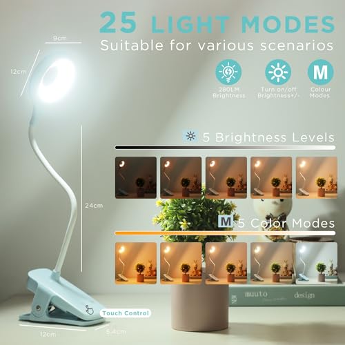 Akynite Desk Lamp LED Clip on Light, 5 Modes 5 Brightness Dimmable Clamp Light, Rechargeable Battery Flexible Clip on Reading Lamp for Bed Headboard Bunk Bed at Night for Kids (Blue) - color: Blue