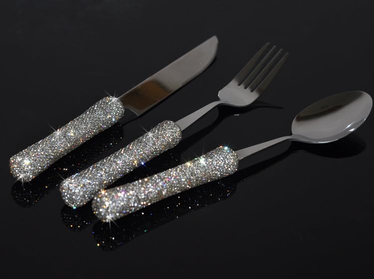 Bling Rhinestone Crystal Dazzling Culinary Utensils Travel Set for Office, Lunch, and Travel (3, Silver) - color: Silver