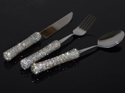 Bling Rhinestone Crystal Dazzling Culinary Utensils Travel Set for Office, Lunch, and Travel (3, Silver) - color: Silver