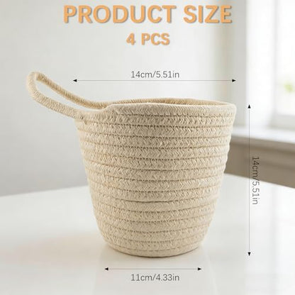 4 Pack Hanging Woven Basket, Small Hanging Basket for Wall, Boho Style Cotton Rope Storage Organizer, Woven Wall Baskets for Home Decor (Beige, 5.5" x 5.5")