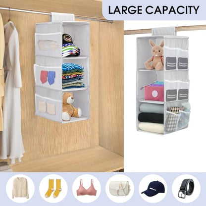 3-Shelf Hanging Closet Organizer, Space Saver, Closet Hanging Storage Shelves with Mesh Pockets & Magic Tap for Storage, Foldable-Grey