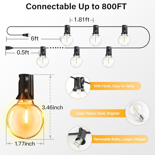 50FT Outdoor String Lights with Remote, 25 + 2 Spare G40 LED Bulbs Plug in Connectable Dimmable Patio Lights, Waterproof Hanging Lights for Patio Porch Garage Cafe - style: 50FT-G40(Remote+Dimmer)