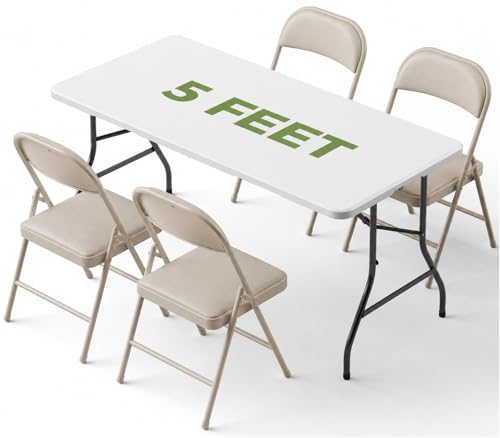 Folding Dining Table Set for 4, 5FT Foldable Plastic Table with Carrying Handle & 4 PU Leather Padded Folding Chairs, Portable Table and Chairs Set for Indoor Outdoor, Party, Wedding, Picnic, Camping - color: Khaki, size: 5FT