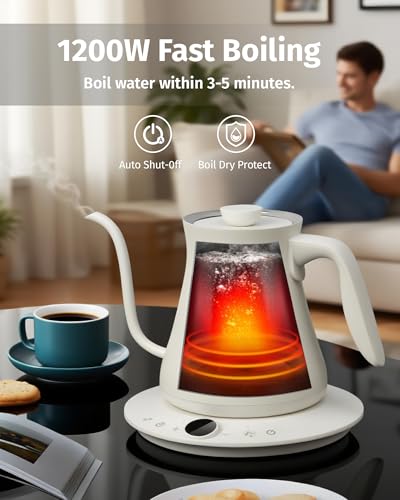 INFOOD 0.8L Gooseneck Electric Kettle, Precise Temperature Control for Pour Over Coffee & Tea, 1200W Fast Boiling Water, Auto Shut Off, Scheduling, Stainless Steel, White - color: White