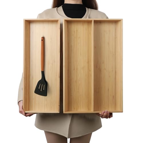 BAMOTTO CRAFTBAMBOO V-Shaped 2-Pack 19.6" Long Bamboo Drawer Organizer Box - Easy Reach Kitchen Utensil Flatware Silverware Cooking Tools Storage for Home Bedroom Bathroom (19.6"x12.4"/19.6"x7.8") - color: Bamboo (V-Shaped 2 Piece Set - S), size: 19.6" L