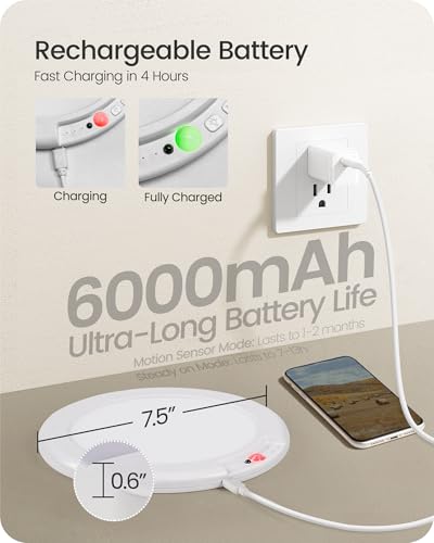 Rechargeable Motion Sensor Ceiling Light with Remote, Wireless Ceiling Light Battery Operated, No Wiring, Magnetic, Dimmable Shower Light, Timer, 3 Color 6000K, Rechargeable Light for Closet Hallway - style: 3 Color Temperatures