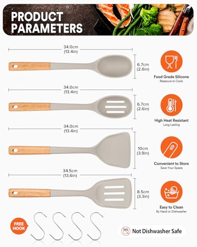 Silicone Cooking Utensils Set, Perfectly Angled for Frying, Mixing,Serving,Draining,Turning and Stirring, BPA-Free Matte Silicone, Wood Handles, Safe for Nonstick Cooking Surfaces,4 Pack (Khaki) - color: Khaki