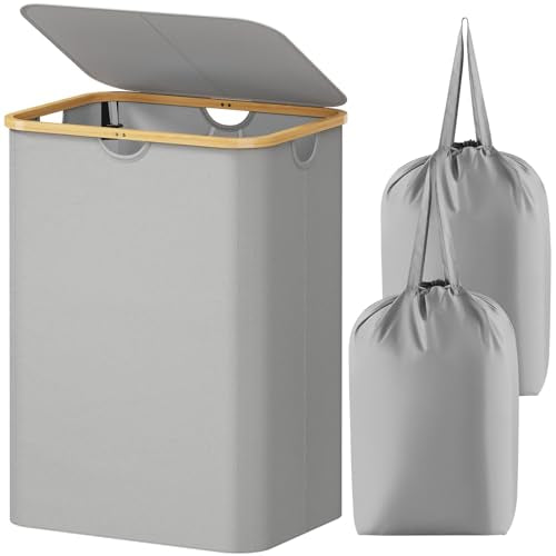 Lifewit 150L Laundry Basket with Lid, Clothes Hampers for Laundry with Bamboo Handles and 2 Removable Laundry Bags, Large Foldable Laundry Hamper for Bedroom, Bathroom, Dorm, Laundry Room, Sliver Gray - color: Silver Grey, size: 150L