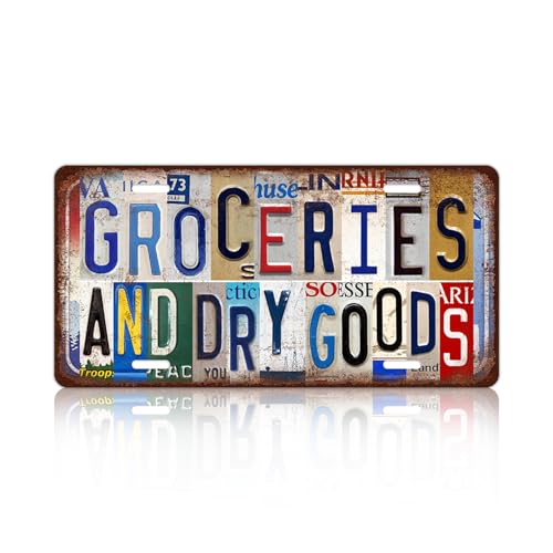 Vintage License Plate Wall Decor Groceries And Dry Goods Metal Tin Sign 12 x 6 Inches - color: Plate-304