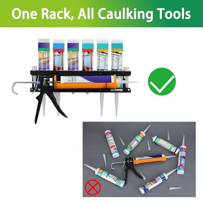 Wall-Mounted Caulking Gun Holder,6-Hole Caulk Gun & Tube Rack,Sealant Organizer with Horizontal Base,Work Truck Van Storage Organizer,Holds Caulk Gun, Sealant Tubes & Nozzles (16.54x4.33x4.33 Inches)